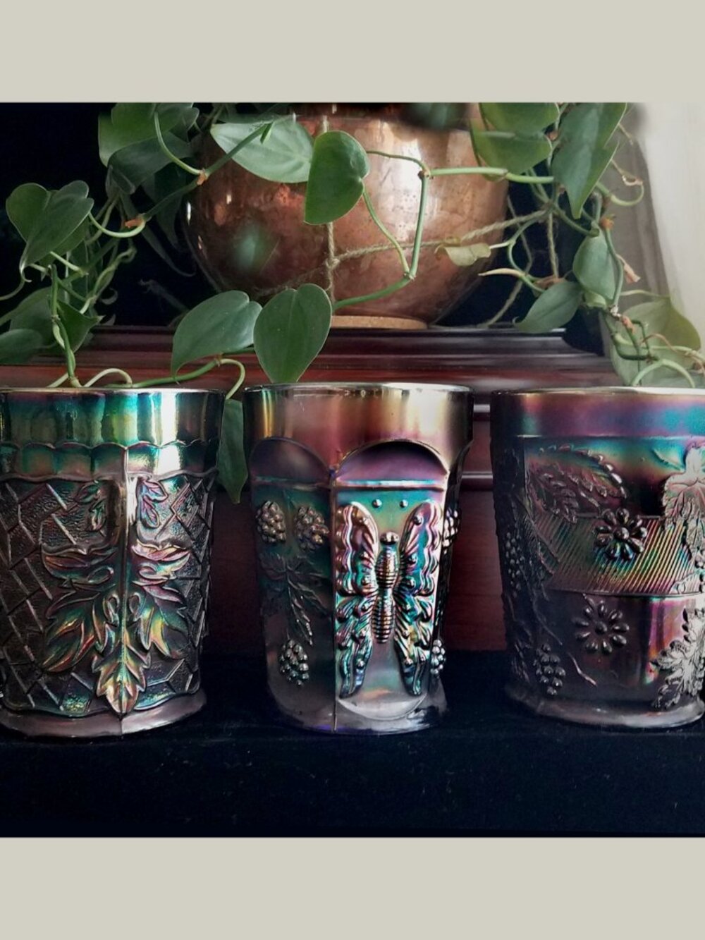 3 Antique Dugan & Fenton Amethyst Cobalt Carnival Glass Tumblers